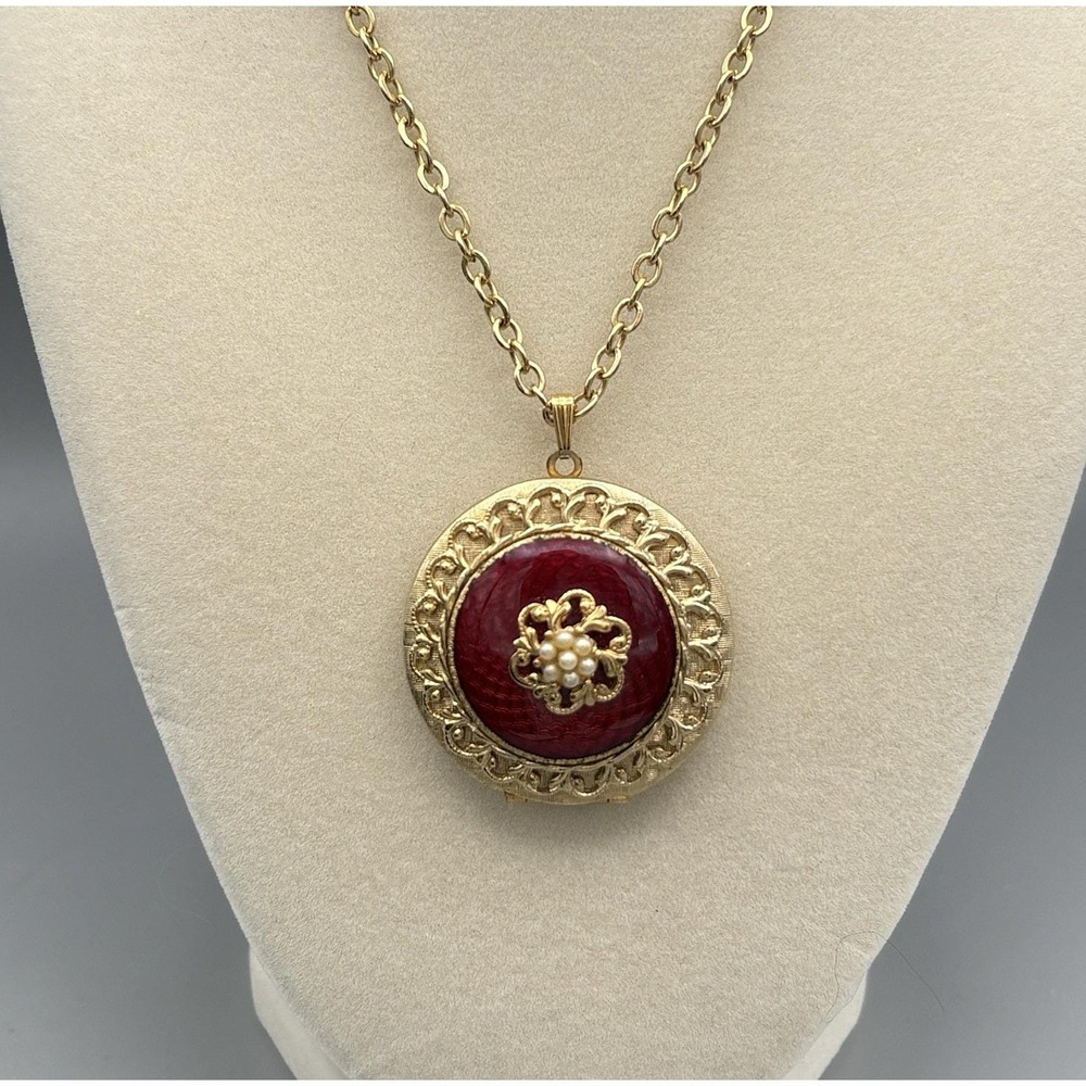 Vintage Guilloche Necklace Locket Pendant Faux Pearls Red Enamel Gold Tone